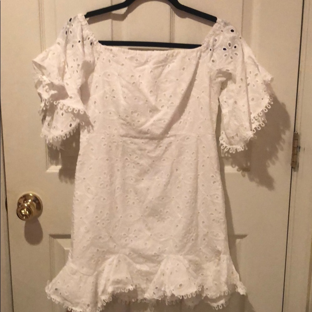 white eyelet off the shoulder dress